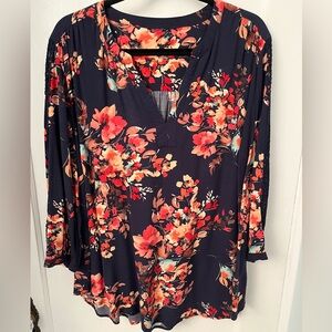 Torrid Navy Floral Twill Lace Trim Top